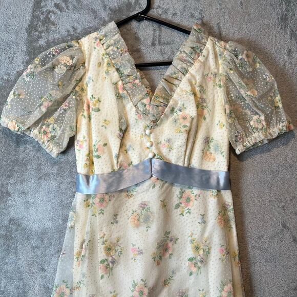 Vintage 70s Sheer Floral Maxi Dress Cottagecore Prairie Lace Puff Sleeve Gown XS - Picture 2 of 7